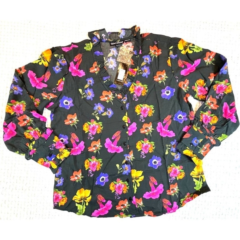 NWT Tolani Collection Cleo Top Black Floral Long Sleeve Ruffle Neck Size Small